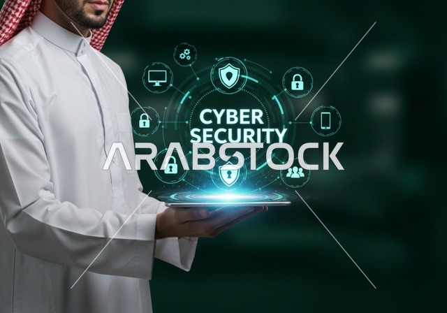 خطوط الاتصال والبرمجة الحاسوبية، الحفاظ على المعلومات وحمايتها من الهجمات، عناصر ورموز هولوجراميه ثلاثية الابعاد لقفل الأمان، مفهوم الامن السيبراني، رجل عربي خليجي سعودي يرتدي الثوب التقليدي يقوم بلمس عنصر هولوجرامي مضيء