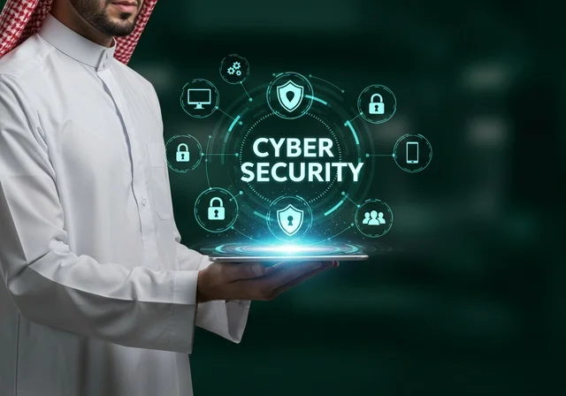 خطوط الاتصال والبرمجة الحاسوبية، الحفاظ على المعلومات وحمايتها من الهجمات، عناصر ورموز هولوجراميه ثلاثية الابعاد لقفل الأمان، مفهوم الامن السيبراني، رجل عربي خليجي سعودي يرتدي الثوب التقليدي يقوم بلمس عنصر هولوجرامي مضيء