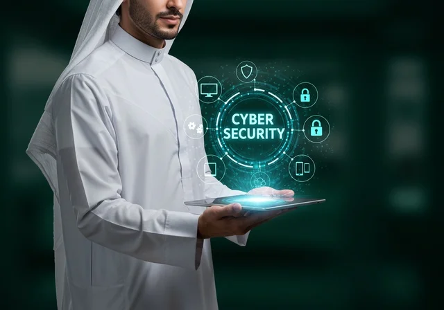 خطوط الاتصال والبرمجة الحاسوبية، الحفاظ على المعلومات وحمايتها من الهجمات، عناصر ورموز هولوجراميه ثلاثية الابعاد لقفل الأمان، مفهوم الامن السيبراني، رجل عربي خليجي سعودي يرتدي الثوب التقليدي يقوم بلمس عنصر هولوجرامي مضيء