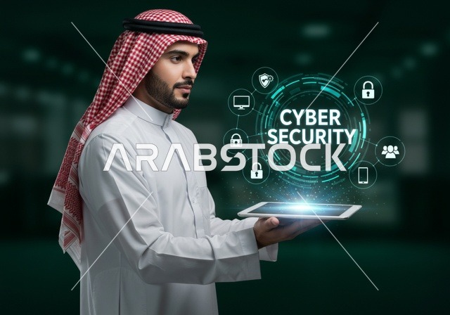 Communication lines and computer programming, preserving information and protecting it from attacks, elements and three-dimensional holographic symbols for security locks, the concept of cybersecurity, an Arab Gulf Saudi man wearing traditional attire touching a glowing holographic element.