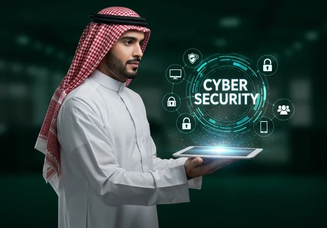Communication lines and computer programming, preserving information and protecting it from attacks, elements and three-dimensional holographic symbols for security locks, the concept of cybersecurity, an Arab Gulf Saudi man wearing traditional attire touching a glowing holographic element.