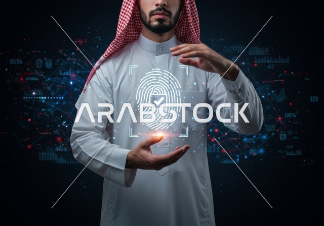 Communication lines and computer programming, preserving information and protecting it from attacks, elements and three-dimensional holographic symbols for security locks, the concept of cybersecurity, an Arab Gulf Saudi man wearing traditional attire touching a glowing holographic element.