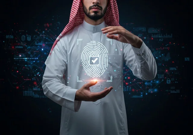 Communication lines and computer programming, preserving information and protecting it from attacks, elements and three-dimensional holographic symbols for security locks, the concept of cybersecurity, an Arab Gulf Saudi man wearing traditional attire touching a glowing holographic element.