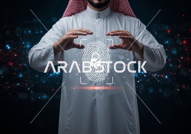Communication lines and computer programming, preserving information and protecting it from attacks, elements and three-dimensional holographic symbols for security locks, the concept of cybersecurity, an Arab Gulf Saudi man wearing traditional attire touching a glowing holographic element.