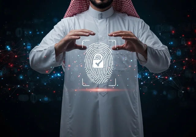 خطوط الاتصال والبرمجة الحاسوبية، الحفاظ على المعلومات وحمايتها من الهجمات، عناصر ورموز هولوجراميه ثلاثية الابعاد لقفل الأمان، مفهوم الامن السيبراني، رجل عربي خليجي سعودي يرتدي الثوب التقليدي يقوم بلمس عنصر هولوجرامي مضيء