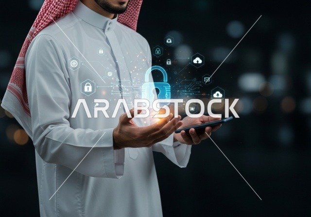 خطوط الاتصال والبرمجة الحاسوبية، الحفاظ على المعلومات وحمايتها من الهجمات، عناصر ورموز هولوجراميه ثلاثية الابعاد لقفل الأمان، مفهوم الامن السيبراني، رجل عربي خليجي سعودي يرتدي الثوب التقليدي يقوم بلمس عنصر هولوجرامي مضيء