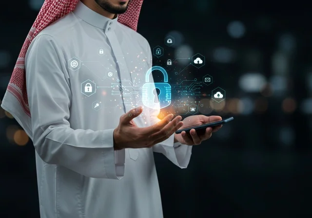 خطوط الاتصال والبرمجة الحاسوبية، الحفاظ على المعلومات وحمايتها من الهجمات، عناصر ورموز هولوجراميه ثلاثية الابعاد لقفل الأمان، مفهوم الامن السيبراني، رجل عربي خليجي سعودي يرتدي الثوب التقليدي يقوم بلمس عنصر هولوجرامي مضيء