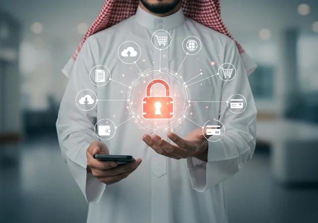 خطوط الاتصال والبرمجة الحاسوبية، الحفاظ على المعلومات وحمايتها من الهجمات، عناصر ورموز هولوجراميه ثلاثية الابعاد لقفل الأمان، مفهوم الامن السيبراني، رجل عربي خليجي سعودي يرتدي الثوب التقليدي يقوم بلمس عنصر هولوجرامي مضيء