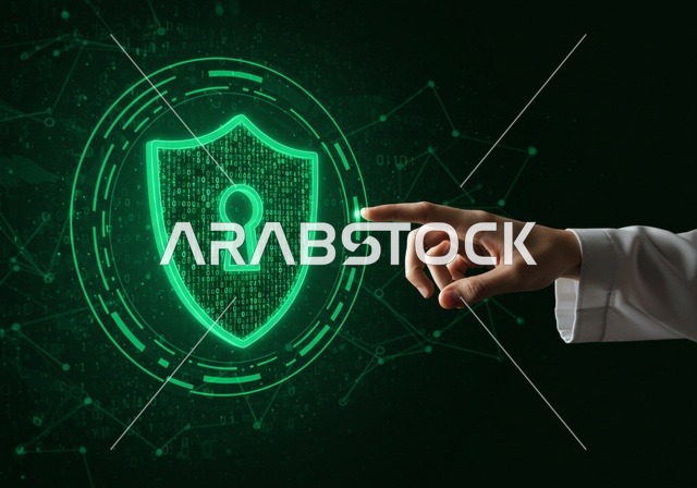 الحفاظ على المعلومات وحمايتها من الهجمات، عناصر ورموز هولوجراميه ثلاثية الابعاد لقفل الأمان، مفهوم الامن السيبراني، خطوط الاتصال والبرمجة الحاسوبية، بورتريه مقرب لرجل عربي خليجي سعودي يرتدي الثوب التقليدي يقوم بلمس عنصر هولوجرامي مضيء شكل درع، خلفية سوداء