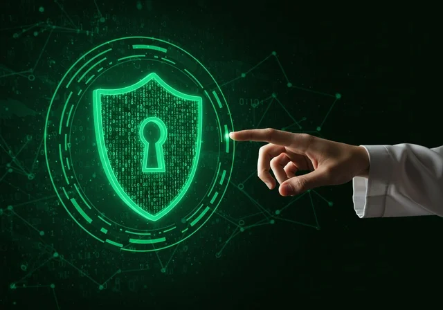 الحفاظ على المعلومات وحمايتها من الهجمات، عناصر ورموز هولوجراميه ثلاثية الابعاد لقفل الأمان، مفهوم الامن السيبراني، خطوط الاتصال والبرمجة الحاسوبية، بورتريه مقرب لرجل عربي خليجي سعودي يرتدي الثوب التقليدي يقوم بلمس عنصر هولوجرامي مضيء شكل درع، خلفية سوداء