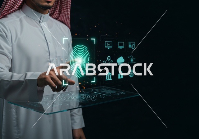 Communication lines and computer programming, preserving information and protecting it from attacks, elements and three-dimensional holographic symbols for security locks, the concept of cybersecurity, an Arab Gulf Saudi man wearing traditional attire touching a glowing holographic element.