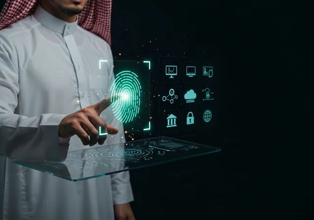 Communication lines and computer programming, preserving information and protecting it from attacks, elements and three-dimensional holographic symbols for security locks, the concept of cybersecurity, an Arab Gulf Saudi man wearing traditional attire touching a glowing holographic element.