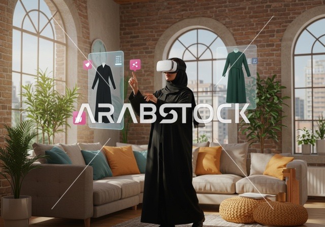 محاكاة العالم الخيالي, النقر على شاشة هولوجرامية،  اختيار الملابس المناسبة، مفهوم التسوق الالكتروني، ارتداء نظارة الواقع الافتراضي, استخدام جهاز تقني حديث ومتطور للتسلية والترفيه, سيده عربية خليجية سعودية ترتدي الحجاب والعباءة السوداء تضع نظارات الفي ار