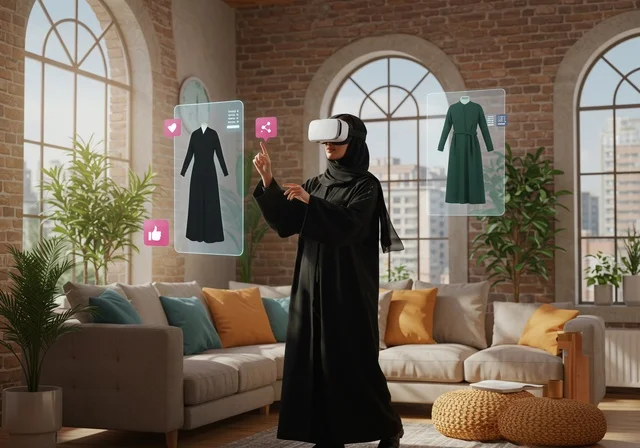 محاكاة العالم الخيالي, النقر على شاشة هولوجرامية،  اختيار الملابس المناسبة، مفهوم التسوق الالكتروني، ارتداء نظارة الواقع الافتراضي, استخدام جهاز تقني حديث ومتطور للتسلية والترفيه, سيده عربية خليجية سعودية ترتدي الحجاب والعباءة السوداء تضع نظارات الفي ار