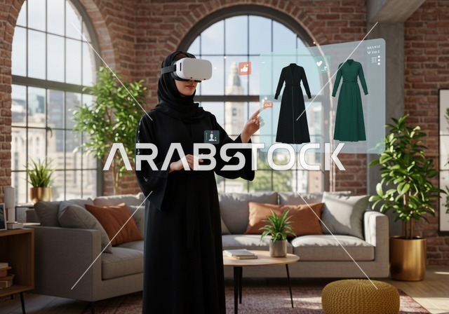 محاكاة العالم الخيالي, النقر على شاشة هولوجرامية،  اختيار الملابس المناسبة، مفهوم التسوق الالكتروني، ارتداء نظارة الواقع الافتراضي, استخدام جهاز تقني حديث ومتطور للتسلية والترفيه, سيده عربية خليجية سعودية ترتدي الحجاب والعباءة السوداء تضع نظارات الفي ار