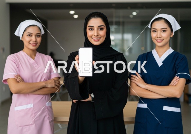عرض شاشة بيضاء فارغة على هاتف محمول، استقدام العمالة المنزلية المؤهلة والمرخصة من الخارج، سيدة عربية خليجية سعودية محجبة مبتسمة تقف في المنزل مع عاملات النظافة بإيماءات الرضا بجودة الخدمات، ارتداء اليونيفورم الخاص، الوقوف بثقة والنظر إلى الكاميرا