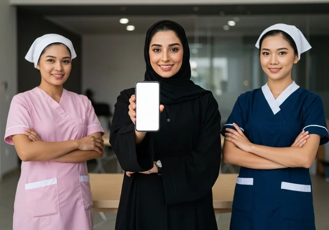 A white background displayed on a mobile phone, recruiting qualified and licensed domestic workers from abroad, a smiling veiled Arab Gulf Saudi woman standing at home with cleaning workers showing gestures of satisfaction with the quality of services, wearing the special uniform, standing confidently and looking at the camera.
