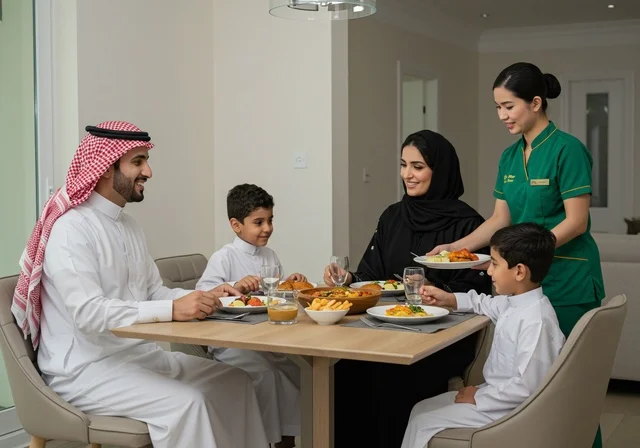 Family time during lunch, a table filled with delicious dishes, a Saudi Gulf Arab family sitting at the dining table, a Filipino worker serving food dishes, bringing in labor from abroad, hiring licensed and qualified domestic workers.