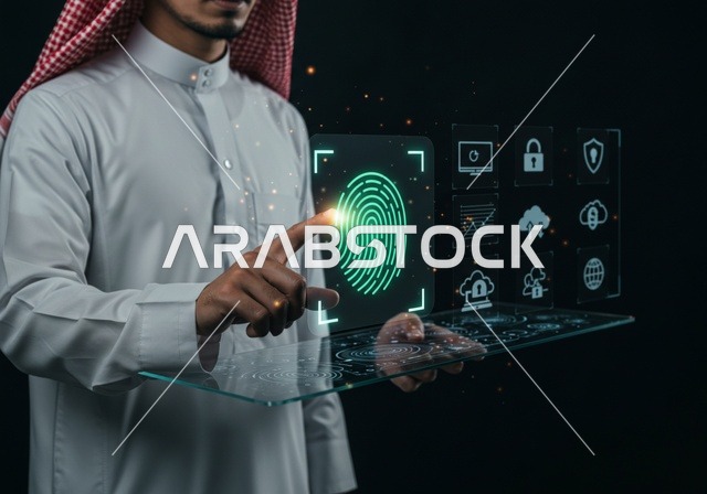 رموز رقميه الكترونيه, صورة مقربه لرجل عربي سعودي خليجي يضغط باصبع الابهام بتقنية الهولوجرام , اشارة بصمه مضيئه من خلال خاصية الهولوجرام ثلاثية الابعاد , فتح وقفل الشاشه باستخدام البصمه, نظام قفل الكتروني بالبصمه