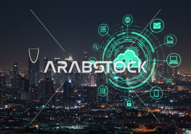 مفهوم الامن السيبراني والحفاظ على المعلومات،  الخوارزميات والرموز المضيئة للتقنيه والتكنولوجيا الحديثه، خطوط الاتصال و البرمجه الحاسوبيه، شاشات هولوجراميه ثلاثية الابعاد، خلفية الأبراج وناطحات السحاب في المملكة العربية السعودية