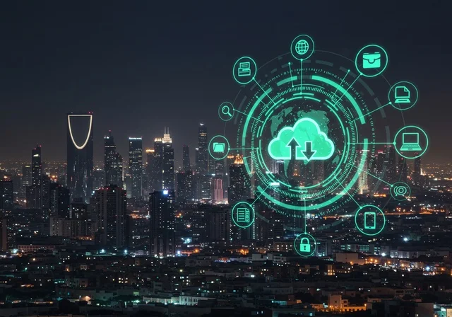 The concept of cybersecurity and information protection, algorithms and glowing codes for modern technology and technology, communication lines and computer programming, three-dimensional holographic screens, the background of towers and skyscrapers in the Kingdom of Saudi Arabia.