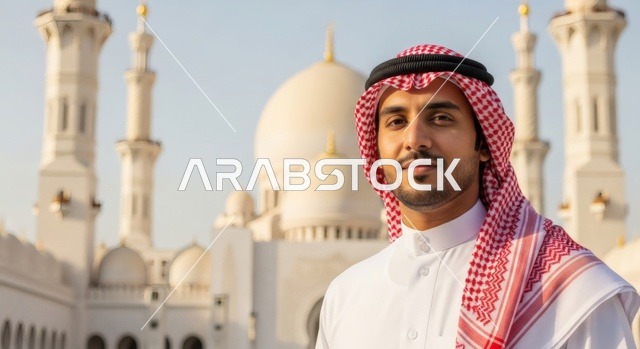 An Islamic mosque in white, a close-up image of a Saudi Arabian Gulf Arab man wearing a ghutrah and traditional thobe looking at the camera with expressions of joy and happiness, the architectural geometric art in the Arab style of mosques, places for worship, obedience, and closeness to God, an Islamic background.