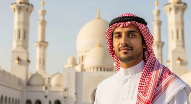 مسجد اسلامي باللون الأبيض، صورة مقربة لرجل عربي خليجي سعودي يرتدي الشماغ والثوب التقليدي ينظر الى الكاميرا بتعابير السرور والسعادة، الفن الهندسي المعماري على الطراز العربي للمساجد، اماكن للعبادة والطاعه والتقرب الى الله، خلفية اسلامية