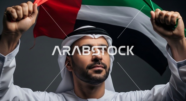 Commemoration of Flag Day on November 3, celebrating the UAE National Day 1971, Union Day on December 2, the concept of love for the homeland and belonging to it, celebrating national holidays and occasions, an Arab Gulf Emirati man wearing the kandura and ghutrah holding the flag of the United Arab Emirates in his hand.
