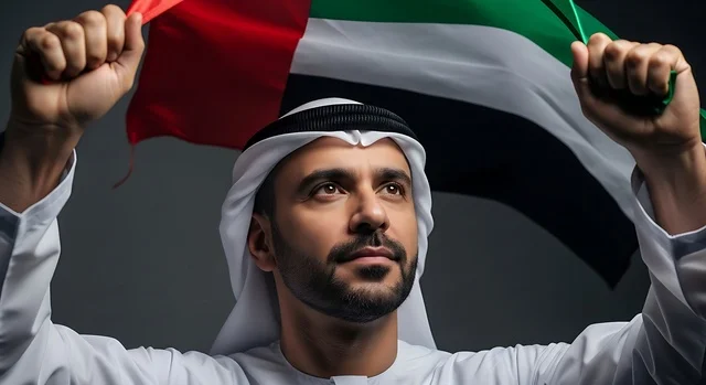 ذكرى يوم العلم 3 نوفمبر, إحياء ذكرى اليوم الوطني الاماراتي 1971، يوم الاتحاد 2 ديسمبر، مفهوم حب الوطن والانتماء إليه، الاحتفال بالأعياد والمناسبات الوطنية، رجل عربي خليجي اماراتي يرتدي الكندورة والغترة يمسك بيده علم الامارات العربية المتحدة