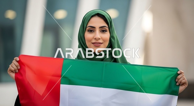 يوم الاتحاد 2 ديسمبر، مفهوم حب الوطن والانتماء إليه، الاحتفال بالأعياد والمناسبات الوطنية، إمرأة عربية خليجية اماراتية ترتدي الحجاب والعباءة تمسك بيدها علم الامارات العربية المتحدة، ذكرى يوم العلم 3 نوفمبر, إحياء ذكرى اليوم الوطني الاماراتي 1971