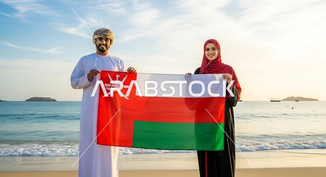 الاحتفال بالأعياد والمناسبات الوطنية, حب الوطن والانتماء إليه، إمرأة عربية خليجية عمانية ترتدي الحجاب والعباءة تمسك علم السلطنة برفقة زوجها، الاحتفال بذكرى اليوم الوطني العماني 18 نوفمبر، إحياء ذكرى تأسيس الدولة 1775 م، الاعتزاز والفخر بالرموز والراية