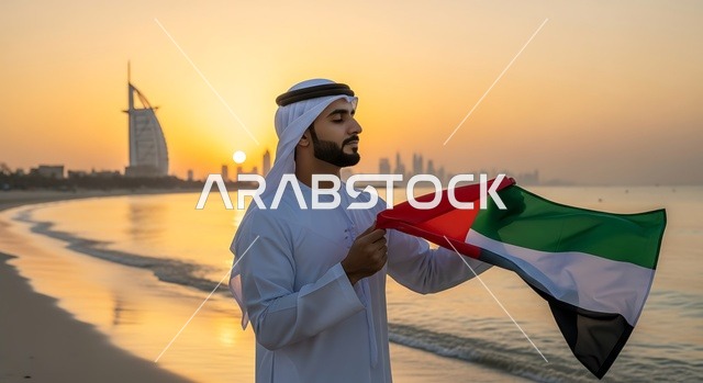 ذكرى يوم العلم 3 نوفمبر, إحياء ذكرى اليوم الوطني الاماراتي 1971، يوم الاتحاد 2 ديسمبر، مفهوم حب الوطن والانتماء إليه، الاحتفال بالأعياد والمناسبات الوطنية، رجل عربي خليجي اماراتي يرتدي الكندورة والغترة يمسك بيده علم الامارات العربية المتحدة