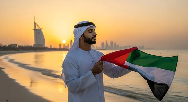 ذكرى يوم العلم 3 نوفمبر, إحياء ذكرى اليوم الوطني الاماراتي 1971، يوم الاتحاد 2 ديسمبر، مفهوم حب الوطن والانتماء إليه، الاحتفال بالأعياد والمناسبات الوطنية، رجل عربي خليجي اماراتي يرتدي الكندورة والغترة يمسك بيده علم الامارات العربية المتحدة