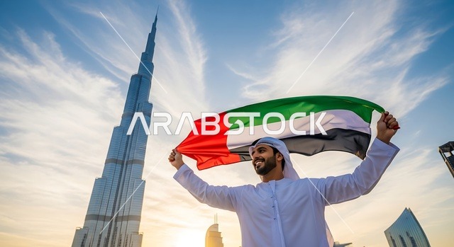 ذكرى يوم العلم 3 نوفمبر, إحياء ذكرى اليوم الوطني الاماراتي 1971، يوم الاتحاد 2 ديسمبر، مفهوم حب الوطن والانتماء إليه، الاحتفال بالأعياد والمناسبات الوطنية، رجل عربي خليجي اماراتي يرتدي الكندورة والغترة يمسك بيده علم الامارات العربية المتحدة