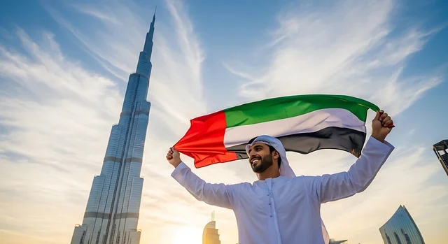 ذكرى يوم العلم 3 نوفمبر, إحياء ذكرى اليوم الوطني الاماراتي 1971، يوم الاتحاد 2 ديسمبر، مفهوم حب الوطن والانتماء إليه، الاحتفال بالأعياد والمناسبات الوطنية، رجل عربي خليجي اماراتي يرتدي الكندورة والغترة يمسك بيده علم الامارات العربية المتحدة