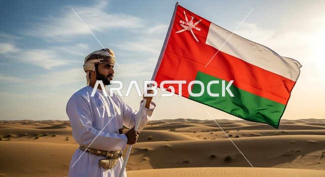 الأعياد والمناسبات الوطنية, حب الوطن والانتماء إليه، إرجل عربي خليجي عماني يرتدي الكمة والدشداشة يمسك علم السلطنة، الاحتفال بذكرى اليوم الوطني العماني 18 نوفمبر، إحياء ذكرى تأسيس الدولة 1775 م، الاعتزاز والفخر بالرموز والراية