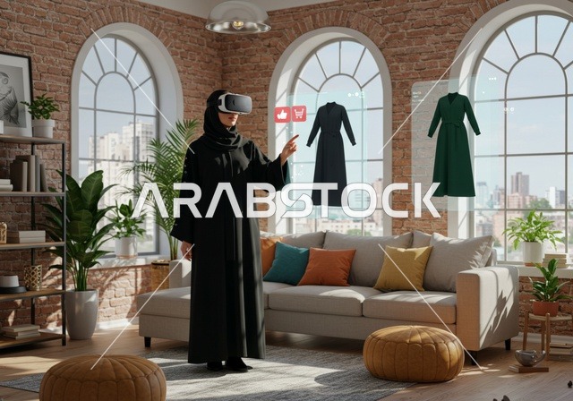 Simulating the imaginary world, clicking on a holographic screen, choosing the appropriate clothes, the concept of online shopping, wearing virtual reality glasses, using a modern and advanced technical device for entertainment, a Saudi Arabian Gulf woman wearing a hijab and a black abaya, wearing VR glasses