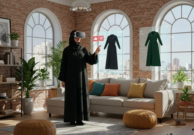 محاكاة العالم الخيالي, النقر على شاشة هولوجرامية،  اختيار الملابس المناسبة، مفهوم التسوق الالكتروني، ارتداء نظارة الواقع الافتراضي, استخدام جهاز تقني حديث ومتطور للتسلية والترفيه, سيده عربية خليجية سعودية ترتدي الحجاب والعباءة السوداء تضع نظارات الفي ار