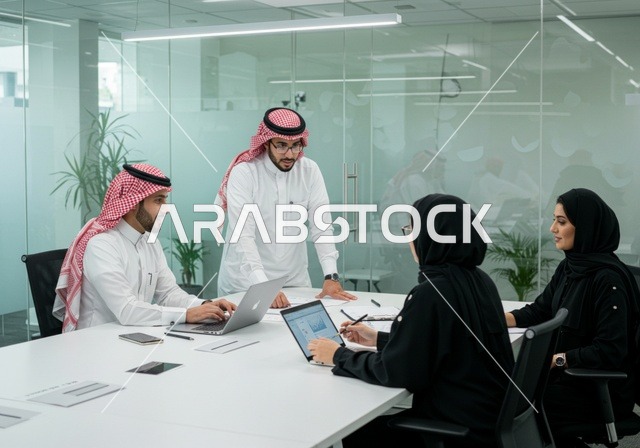 بيئة العمل المريحة في الشركات السعودية، استخدام الحاسب والتقنية في مجال الاعمال، الحوار و النقاش بين الزملاء، تبادل الخبرات والمعلومات لتحقيق الاهداف, صورة مقربة لموظفين عربيين خليجيين سعوديين يجلسون على طاولة الاجتماع داخل مقر الشركة