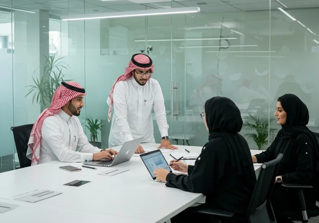 The comfortable work environment in Saudi companies, the use of computers and technology in the business field, dialogue and discussion among colleagues, exchanging experiences and information to achieve goals, a close-up image of two Saudi Gulf Arab employees sitting at the meeting table inside the company headquarters.