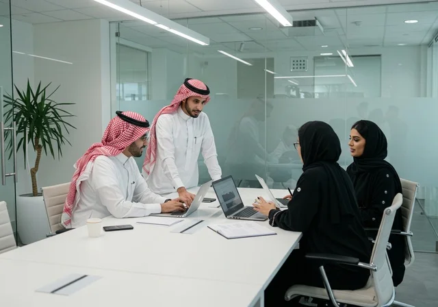 استخدام الحاسب والتقنية في مجال الاعمال، بيئة العمل المريحة في الشركات السعودية، الحوار و النقاش بين الزملاء، تبادل الخبرات والمعلومات لتحقيق الاهداف, موظفين عربيين خليجيين سعوديين يجلسون على طاولة الاجتماع داخل مقر الشركة