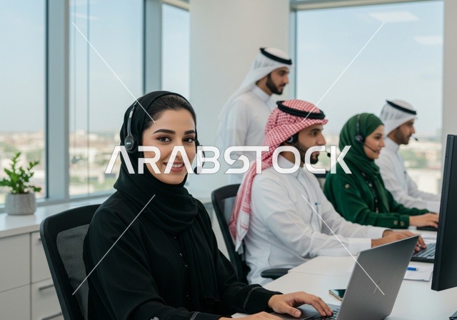 الحوار و النقاش بين الزملاء، العمل في مجال خدمة العملاء، بيئة العمل المريحة في الشركات السعودية، استخدام الحاسب والتقنية في مجال الاعمال،  تبادل الخبرات والمعلومات لتحقيق الاهداف, صورة مقربة لموظفين عربيين خليجيين سعوديين يجلسون على مكاتبهم داخل مقر الشركة