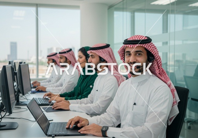 العمل في مجال خدمة العملاء، بيئة العمل المريحة في الشركات السعودية، استخدام الحاسب والتقنية في مجال الاعمال، الحوار و النقاش بين الزملاء، تبادل الخبرات والمعلومات لتحقيق الاهداف, صورة مقربة لموظفين عربيين خليجيين سعوديين يجلسون على مكاتبهم داخل مقر الشركة
