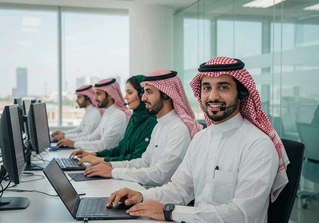 العمل في مجال خدمة العملاء، بيئة العمل المريحة في الشركات السعودية، استخدام الحاسب والتقنية في مجال الاعمال، الحوار و النقاش بين الزملاء، تبادل الخبرات والمعلومات لتحقيق الاهداف, صورة مقربة لموظفين عربيين خليجيين سعوديين يجلسون على مكاتبهم داخل مقر الشركة