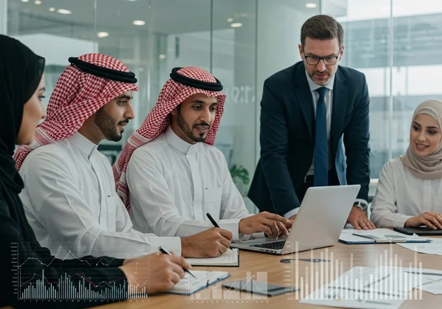 Discussions and dialogues about projects, developing plans and achieving the company's goals, cooperation and participation in completing tasks, Arab Gulf businessmen from Saudi Arabia managing and organizing work affairs, administrative and office job professions.