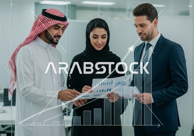 تطوير ودراسة المشاريع الجديدة في شركات المملكة العربية السعودية، استخدام جهاز تقني حديث، جمع البيانات وحل المشكلات، اجتماع ومناقشة عمل في مقر الشركة، رجل أعمال عربي خليجي سعودي  يقوم بمناقشة الأعمال مع زملاءه داخل المكتب