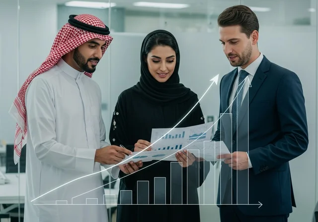 تطوير ودراسة المشاريع الجديدة في شركات المملكة العربية السعودية، استخدام جهاز تقني حديث، جمع البيانات وحل المشكلات، اجتماع ومناقشة عمل في مقر الشركة، رجل أعمال عربي خليجي سعودي  يقوم بمناقشة الأعمال مع زملاءه داخل المكتب