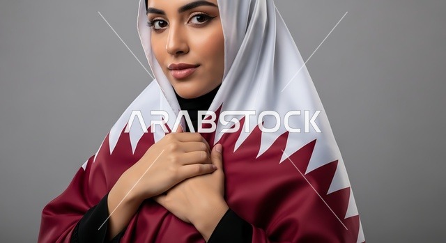 الاحتفال باليوم الوطني القطري 18 ديسمبر، إحياء ذكرى تأسيس الدولة، إمرأة عربية خليجية قطرية تحمل علم قطر بايماءات الفخروالاعتزاز، رموز وثقافات وطنية, حب الوطن والانتماء إليه