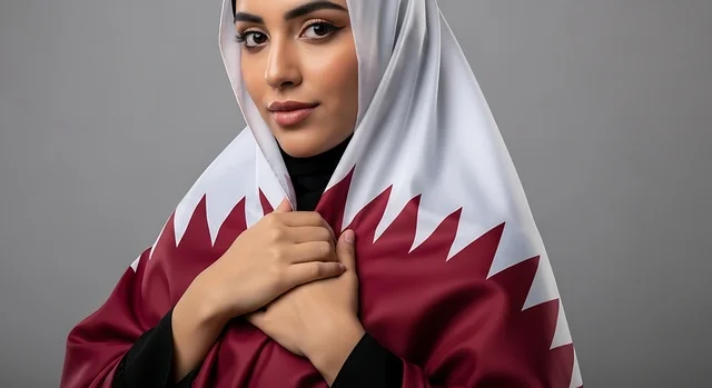 الاحتفال باليوم الوطني القطري 18 ديسمبر، إحياء ذكرى تأسيس الدولة، إمرأة عربية خليجية قطرية تحمل علم قطر بايماءات الفخروالاعتزاز، رموز وثقافات وطنية, حب الوطن والانتماء إليه