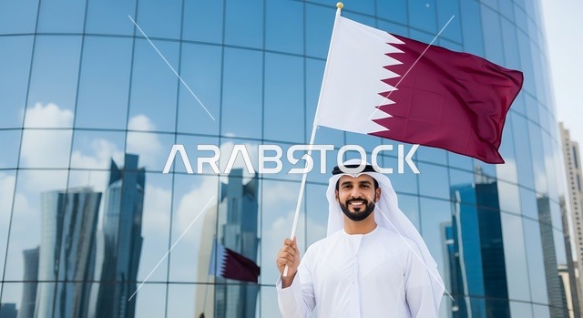 الاحتفال باليوم الوطني القطري 18 ديسمبر، إحياء ذكرى تأسيس الدولة، رجل عربي خليجي قطري يحمل علم قطر بايماءات الفخروالاعتزاز، رموز وثقافات وطنية, حب الوطن والانتماء إليه